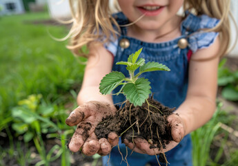 Canvas Print - A young child holding up a freshly planted strawberry plant, with the focus on their hands and soil textures, set in a sunny garden setting