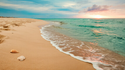 Wall Mural - Beautiful beige beach sand, teal water