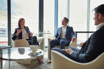 Poster - Window, investor or business people for meeting, discussion or conversation for funding growth in office. Teamwork, talking or financial manager planning for sales, feedback report or project review