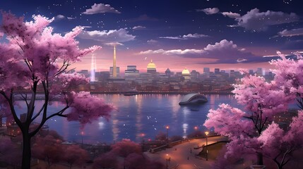 Wall Mural - Illustration of cherry blossom and Tokyo skyline at night, Japan