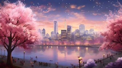 Wall Mural - cherry blossom background with cityscape and river, panorama