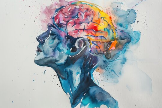 Colorful brain reflection a watercolor portrait of a woman's head with abstract medical background