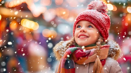 A happy little girl on a blurred Christmas market background.