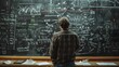 © Janie - A scientist stands in front of a large blackboard filled with complex equations and diagrams, deep in thought as he analyzes the data.
