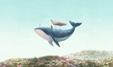 Boy and whale and book. education, imagination and dream concept art. surreal illustration. conceptual artwork