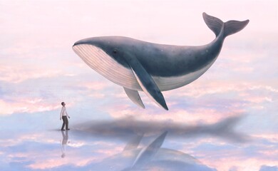 A man and a whale. mystery concept. surreal art.