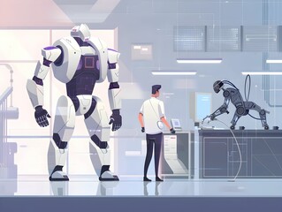 Wall Mural - Engineer Working on Advanced Robot in Futuristic Lab