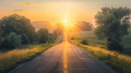 Serene countryside road stretching into the distance at sunrise, bathed in golden light. lush green fields and trees flanking the road create a calm and inviting natural scene.