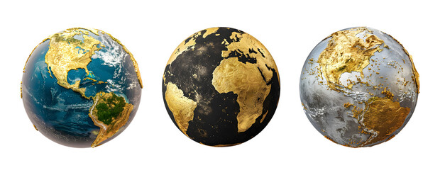 Three Earth globes with different textures: one natural, one black and gold, and one silver and gold.