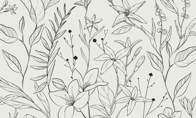 Wall Mural - Floral bakground or wallpaper with bouquet of various flowers. Botanical foliage for wedding invitation or wall art. Vector illustration. Luxury inked