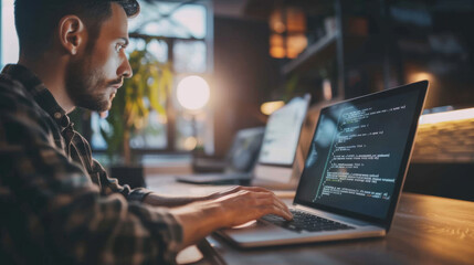 A software developer coding on a laptop in a minimalistic office