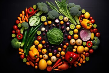 Vibrant assortment of colorful, fresh produce artistically arranged on a dark surface