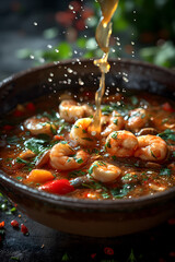 Wall Mural - Delicious Shrimp Soup with Fresh Vegetables and Herbs