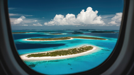 Photo of indoor to outdoor plane window to see down paradisiac islands