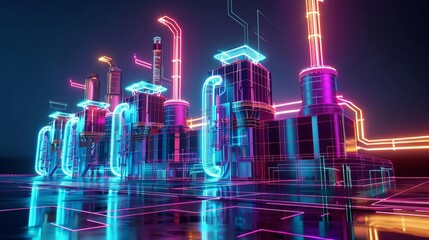 AIcontrolled power plant, futuristic, neon glow, digital illustration