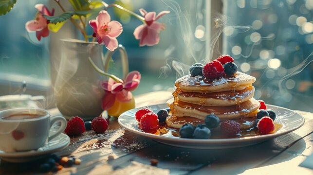 Pancakes topped with fresh berries on breakfast table, perfect for breakfast promotions and food photography