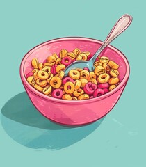 Cereal rings in pink bowl with spoon isolated on blue background. Bowl with colorful grain rings