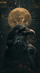 A black crow is standing in front of a full moon. The image has a dark and mysterious mood, with the crow being the main focus of the scene. The full moon adds to the sense of mystery and intrigue