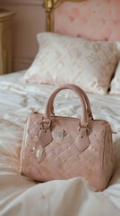 Wall Mural - a pink purse sitting on a bed with a white comforter