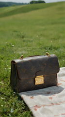 Wall Mural - a brown purse sitting on a blanket in the grass