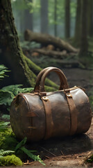 Wall Mural - a brown leather bag sitting on the ground in the woods