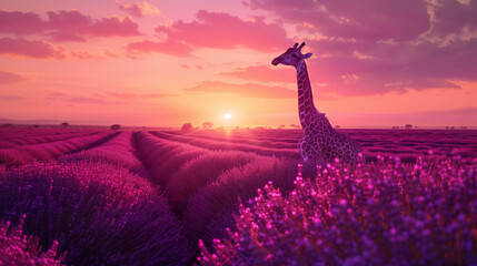 Wall Mural - 
A giraffe stands in a field of purple flowers. The sky is pink and the sun is setting
