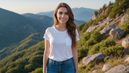 Young woman wearing white t-shirt and blue jeans standing on a mountain