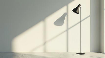 Wall Mural - Metal floor lamp casting shadow in a room with white wall and space for text