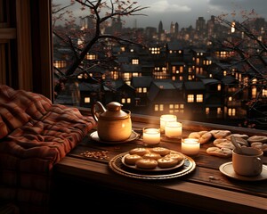 Wall Mural - Hot tea and cookies on a wooden table near the window in the evening