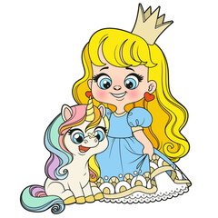 Poster - Cute cartoon long haired princess girl with baby unicorn color variation on white background