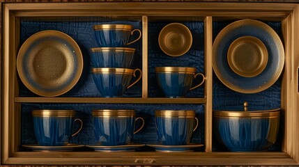 Wall Mural -  A tight shot of a display case brimming with blue cups and saucers, topped by gold-rimmed plates and cups