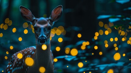 Wall Mural -  A deer stands in a forest illuminated by numerous yellow and white lights, surrounded by a greenery forest with predominantly green and yellow hues