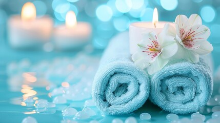 Wall Mural -  A few blue towels atop a table, beside a candle and a white bloom on a blue tablecloth, dripping with water droplets