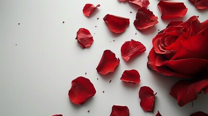 Sticker -  A close-up of a red rose against a white surface, with petals falling and wilting only around the rose