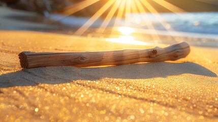 Wall Mural -  A tight shot of weathered wood on a shoreline, sun casting light over rippling water Sand lies clear in the foreground, background softly blurred