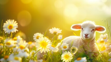 Wall Mural -  A close-up of a sheep in a field of daisies Sun shines through grass and daisies, framing the sheep's head