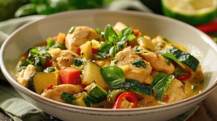 Wall Mural - Spicy Thai green curry with chicken and vegetables in a bowl