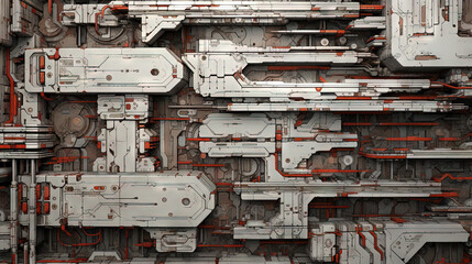 Wall Mural - background with metallic panels texture, wires and circuit. spaceship hull wall technology backgroun