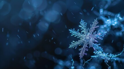 Wall Mural -  A tight shot of a solitary snowflake against a backdrop of dark blue, surrounded by a hazy assemblage of snowflakes in the foreground and an indistinct