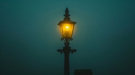 Canvas Print -  A street lamp casts a yellow glow to its side on a foggy night, with a bench in the foreground and a building in the background