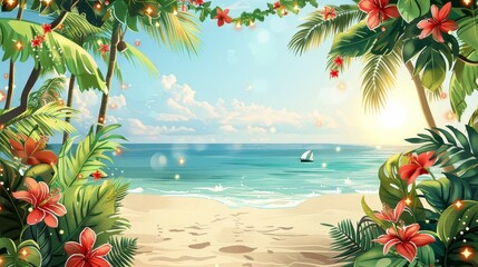 Wall Mural - A tropical beach scene with palm trees and a boat in the water