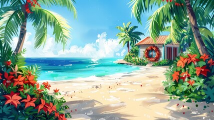 Wall Mural - A beach scene with a house and palm trees