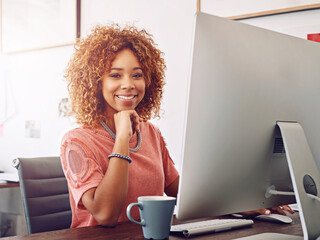 Poster - Black woman, smile and portrait in office with computer for web design, online for business email. Female entrepreneur, creative and workspace with happiness for website development, tech for startup