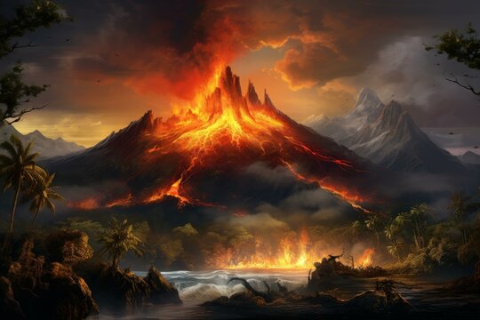 Stunning digital artwork of a fiery volcanic eruption with a dramatic sunset backdrop