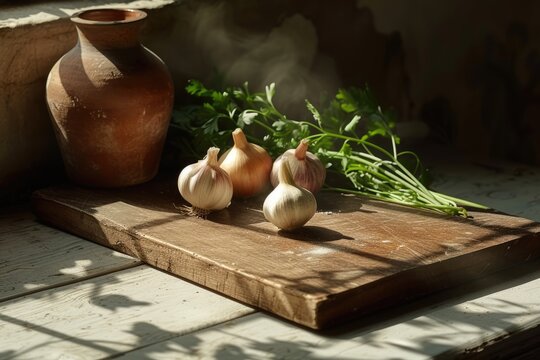 a portrait of wooden table with a variety of colorful vegetables such as tomato and green leaves veg