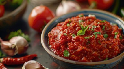 Sticker - Spicy Tomato Paste Bowl Presentation with Ingredients such as Chili Garlic Onion and Tomato
