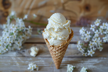 Happy National Vanilla  Ice Cream Day. A waffle cone with ice cream. Every year on July 23