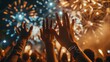 © ThisDesign - Close-up of people's hands raised in the air, with fireworks in the background. generative ai