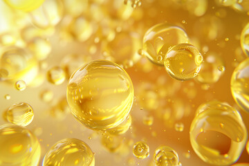 Luxurious Golden Yellow Bubbles Oil or Collagen Serum Cosmetic Product in High Detail 3D Rendering, 8K UHD
