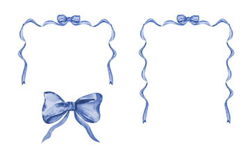 Blue frames set of watercolor ribbon and bow